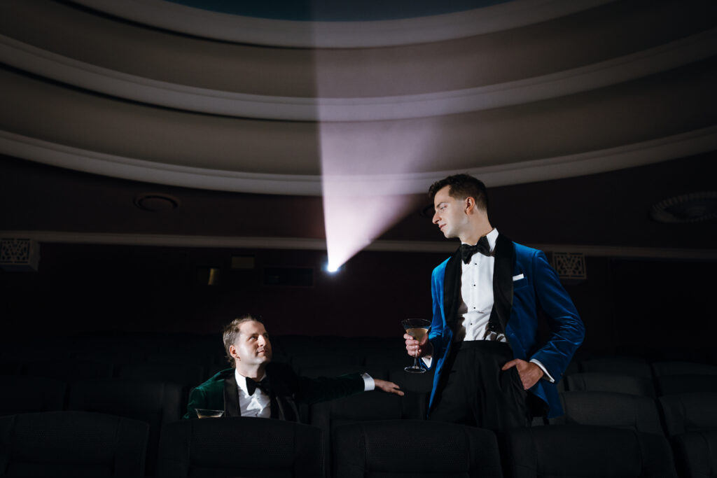 Ben and Charlie at The Regal Cinema before their wedding ceremony
